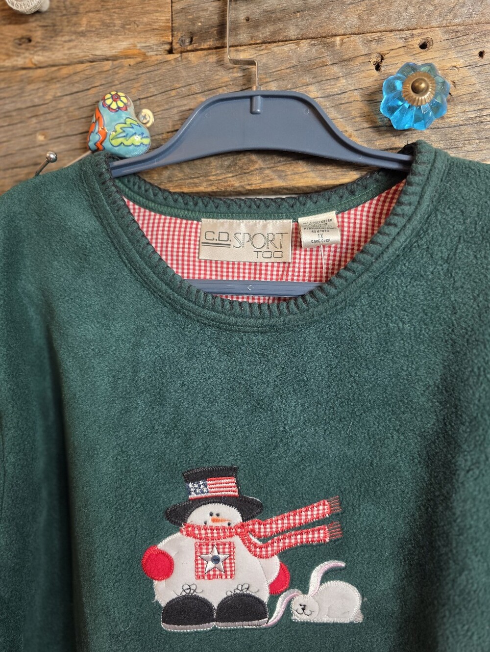 C.D. Sport Too Vintage Green Fleece Snowman Mouse Holiday Pullover 1X - Picture 6 of 14